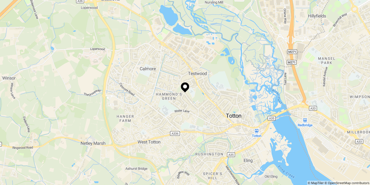 Approximate location of The Redfords, Totton, SO40